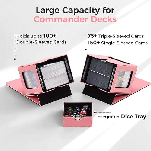 Zettokete MTG Commander Deck Box with Dual Commander Display, Patented Card Deck Box Fits 100 Double-Sleeved Cards, MTG Card Case with Dice Tray, 2 Dividers, 2 Magnetic Holders, Pink & Black thumbnail 4