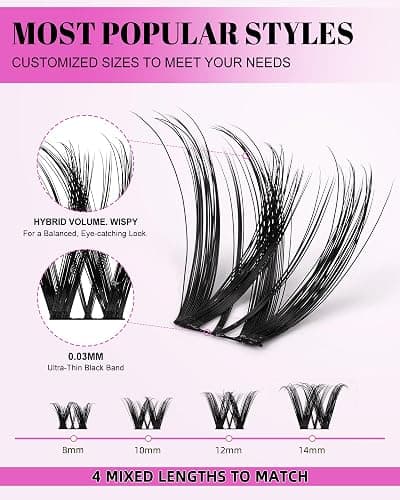 Flora Lash Clusters Kit Short 8-14mm Wispy Eyelashes Cluster Extension Kit D Curl Individual DIY False Lash Extension Spiky Cat Eye Lashes Fake Eyelashes Clusters with 0.03mm Ultra-Thin Wide Band thumbnail 2
