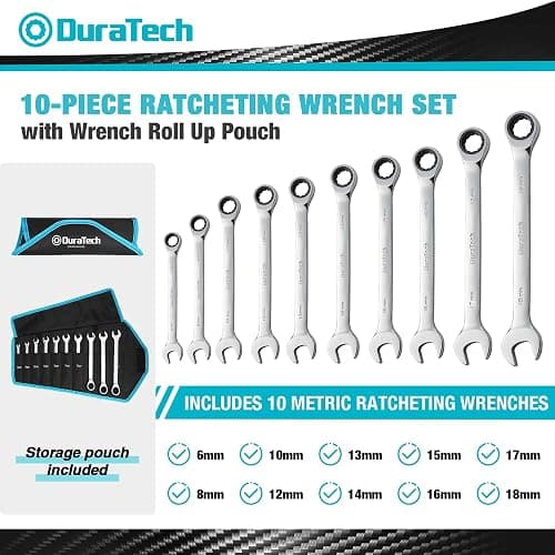 DURATECH Ratcheting Wrench Set, Combination Wrench Set, Metric, 10-piece, 6-18mm, CR-V Steel, with Pouch thumbnail 2