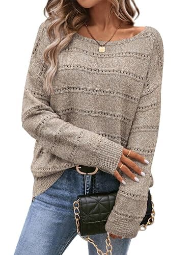 CFLHN Women's Sweater Soft Boat Neck Long Sleeve Oversized Sweaters Crochet Pullover Knit Tops - Image 1