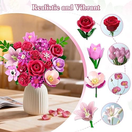 CUBIMANA Flowers Bouquet Building Set with Light - 21 Rose Red Botanical Collection Building Block Set for Adults, 832 PCS Flower Plant Kit for Home Decor, for Her Women Girls Kids 12+ thumbnail 9
