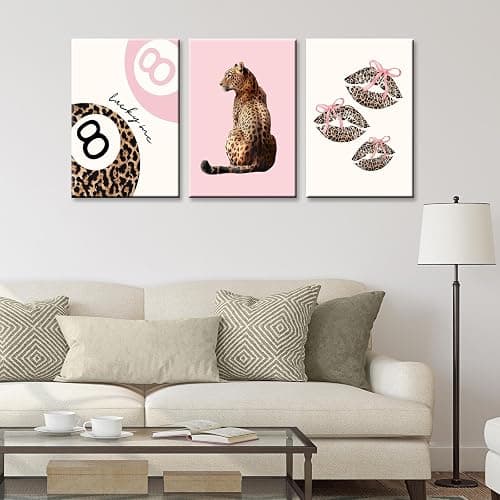 Set of 3 Coquette Pink Leopard Wall Art Trendy Lucky You 8 Ball Decor Posters Funky Cheetah Print Kiss Lips Canvas for Preppy Girly Y2k Room Dorm Home Apartment Bedroom Aesthetic 12x16in Framed thumbnail 2