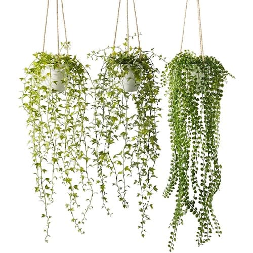 PENGYEE 3 Packs 37" Fake Hanging Plants with White Pots for Wall Decor | Artificial Mandala Vine, Indoor/Outdoor Use, for Home Bathroom Bedroom Office Decor, Easy to Clean, Lifelike Appearance - Image 1