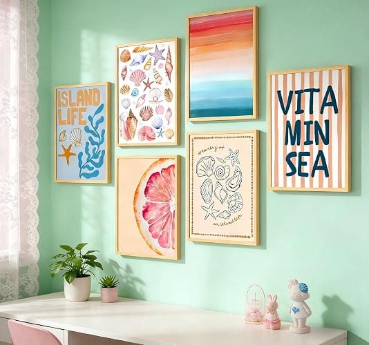 MBFKVFE 6 Pcs Coastal Wall Art, Colorful Beach Wall Decor with Seashell Starfish Coral and Grapefruit, Tropical Island Life Prints & Paintings for Bedroom Dorm Living Room 8x10 / 12x16 Inch Unframed thumbnail 7