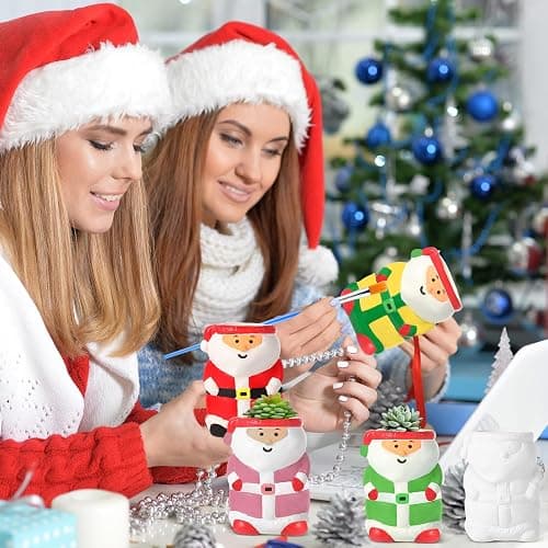 Pasimy 6 Set DIY Ceramic Succulent Planter Pots Paint Your Own Flower Pots Craft Kit Unpainted Bisque Paintable Flowerpot with Brush Palette Ready to Paint for Family Activity Gift(Santa) thumbnail 5