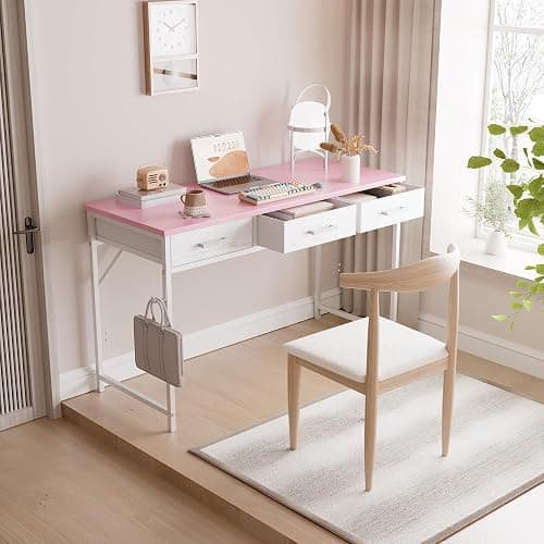 Pamray 47 Inch Small Computer Desk with 3 Drawers for Bedroom Study Writing Home Office Table for Small Spaces Pink thumbnail 2
