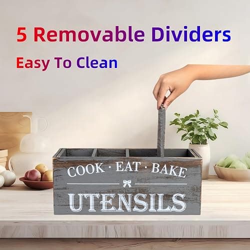 LIBODOUR Utensil Holder,Extra Large Wooden Utensil Holder For Kitchen Counter,Cooking Spatula Organizer,Big Storage Caddy With 4 Compartments Flatware Spoon Tool Cutlery(Light Grey) thumbnail 5