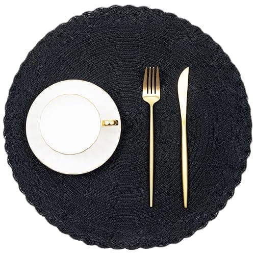 SHACOS Round Placemats Set of 4 Boho Braided Border 15 inch Circle Place Mats Washable Fabric Table Mats for Kitchen Dining Table, Black thumbnail 3