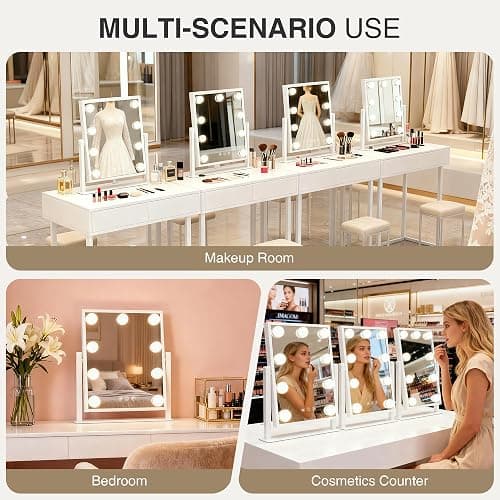 Makeup mirror with lights,Hollywood Vanity Mirror with 9 LED Bulbs，12" x 13.2" Plug in Makeup Mirror for Desk,Smart Touch Control 3Colors Dimmable, light up mirror for makeup,Bedroom,Tabletop,White thumbnail 6