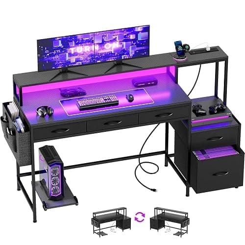 REAHOME 61 Inch Gaming Desk with Charging Station and LED Lights, Reversible Computer Desk with Storage Drawer and Monitor Stand, Modern Desk Table with File Cabinet & Side Pocket, Carbon Fiber Black - Image 1