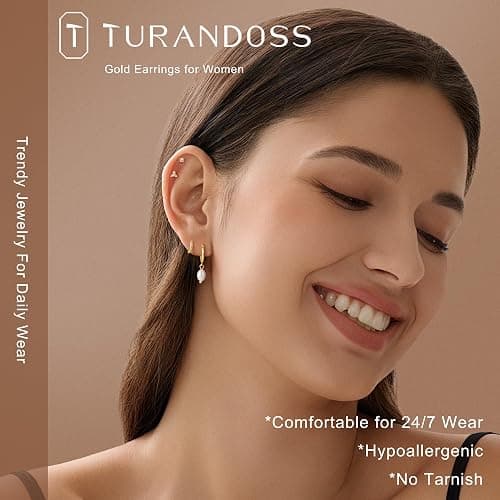 Turandoss 13 Pairs Gold Hoop Earrings for Women, Hypoallergenic 14K Gold Plated Hoop Stud Huggie Pearl Earring Set, Dainty Flat Back Cartilage Earring Stacks for Multiple Piercings thumbnail 2