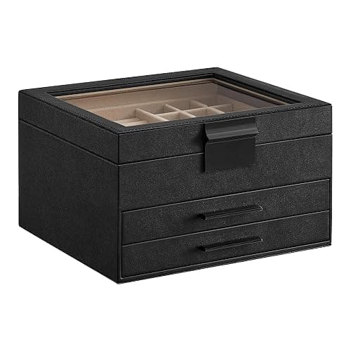 SONGMICS GISELLA Collection - Jewelry Box Organizer, 3-Layer Jewelry Storage with 2 Drawers, Shiny Metal Hardware, Glass Lid, Modern, 8 x 9.1 x 5.3 Inches, Ink Black and Silver UJBC239BK - Image 1