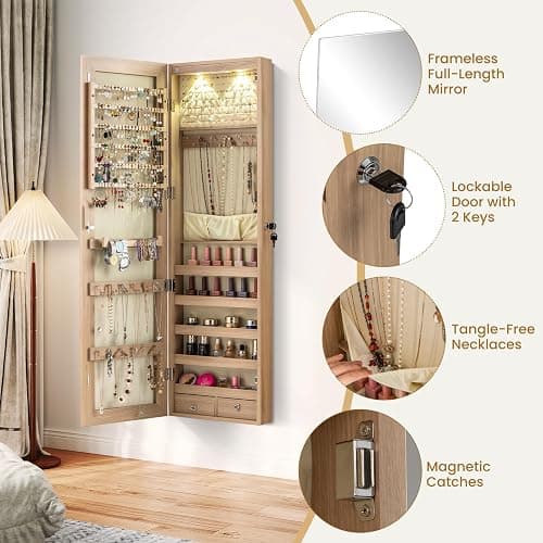 Giantex Wall or Door Mounted Jewelry Armoire with 47.5" Full Length Mirror, Lockable Cabinet with 2 LED Lights, 2 Drawers, Over the Door Large Jewelry Storage Organizer (Light Oak) thumbnail 7