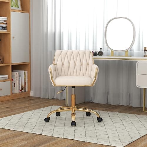 Gentlemoods Velvet Home Office Chair, Modern Height-Adjustable Vanity Chair with Golden Base and Hand-Woven Backrest for Bedroom/Study/Vanity (Beige) thumbnail 9