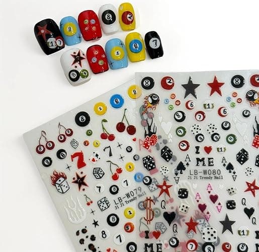 SIMAYKUWA 3D Nail Stickers for Pool & Dice Design - Cartoon Style Press-on Nail Art Decals (2 Sheets) - Cute Textured Manicure DIY Accessories - Image 1