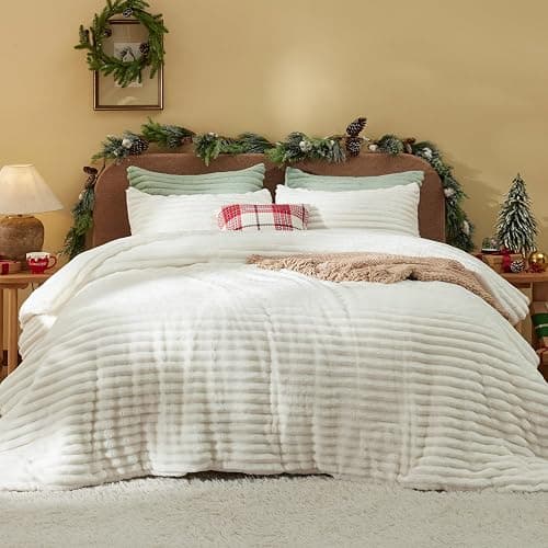 Bedsure Fluffy Comforter Set Queen - Super Soft Faux Fur Bed Set Cream White, Warm Plush Fleece Winter Bedding, 3 Pieces, 1 Shaggy Fuzzy All Seasons Queen Size Comforter with 2 Pillowcases thumbnail 8