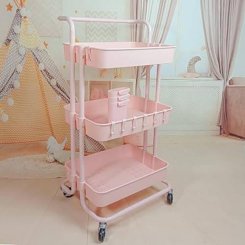 Ceeyali 3-Tier Rolling Utility Cart Storage Organizer Shelf Cart with Lockable Wheels and 3PCS Cups and 8PCS Hooks for Home Kitchen,Bathroom,Office,Laundry Room etc. (3 Cup 8 Hook Pink) - 3 Cup 8 Hook Pink thumbnail 3