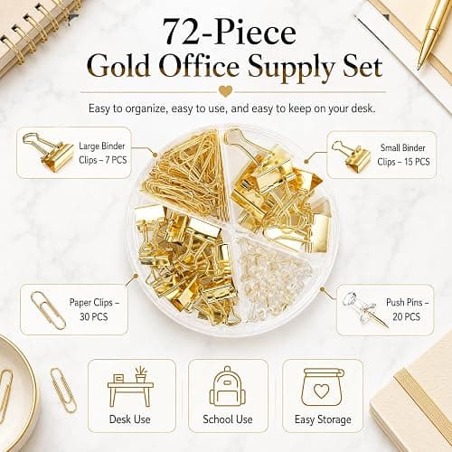 CREECHWA Gold Paper Binder and Clips Set, Metal Assorted Sized Binders with Push Pins, Cute Office Supplies, Teacher Desk Must Haves, Desk Accessories thumbnail 4
