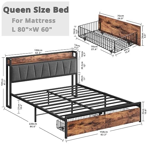 LIKIMIO Queen Bed Frame, Storage Headboard with Charging Station, Platform Bed with Drawers, No Box Spring Needed, Easy Assembly, Vintage Brown and Gray thumbnail 2