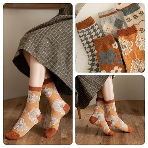 FORJMMP 5/10 Pairs Wool Socks for Women Thick Knit Vintage Cute Floral Crew Socks thumbnail 7