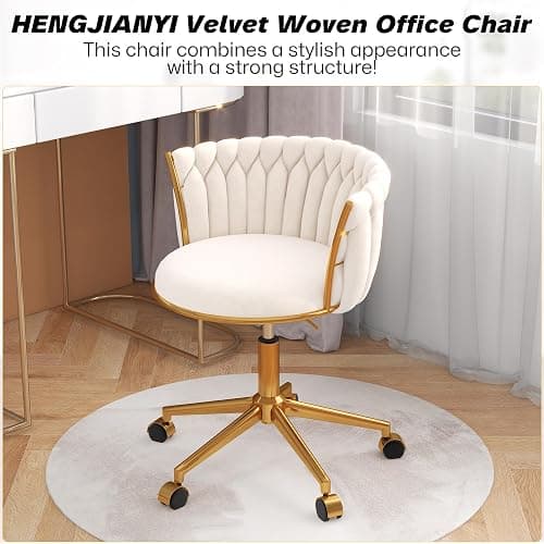 HENGJIANYI Velvet Woven Home Office Chair, Modern Swivel Desk Chair with Wheels, Height Adjustable Vanity Chair with Gold Metal Base and Hand Weaving Back, Beige thumbnail 3