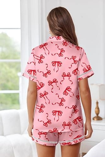 Ekouaer Womens Silk Pajama Sets Button Up Satin Pjs Short Sleeve 2 Piece Pj Sets Cute Lounge Sets with Chest Pocket thumbnail 6