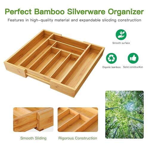 Pipishell Bamboo Expandable Drawer Organizer for Utensils Holder, Adjustable Cutlery Tray, Wood Drawer Dividers Organizer for Silverware, Flatware, Knives in Kitchen, Bedroom, Living Room(M-N) thumbnail 5
