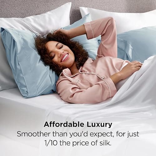 Bedsure Satin Pillowcase 2 Pack Similar to Silk Pillow Cases Standard Size, Pillow Case for Sleeping Women with Envelope Closure, Gifts for Women Men, Stone Blue, 20x26 Inches, 2pcs thumbnail 4