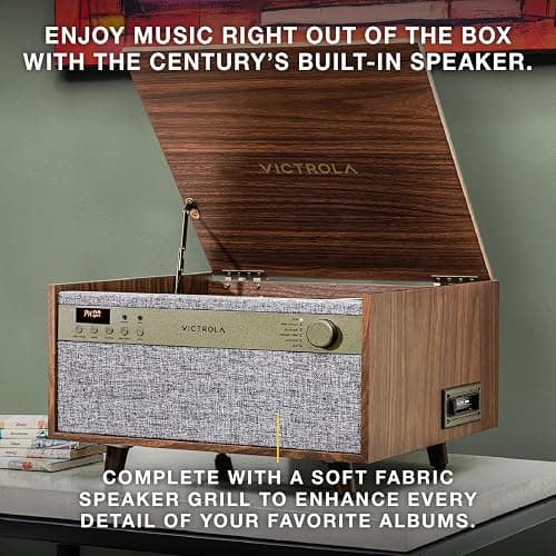 Victrola Century 6-in-1 Vinyl Record Player & Music Center – 3-Speed Turntable, CD & Cassette Player, VINYLSTREAM, Bluetooth & 3.5mm Aux, Record Player with Speakers, Mid Century Design (Walnut) thumbnail 6