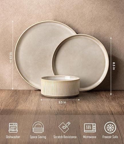 GBHOME Stoneware Dinnerware Sets for 4,12-Piece Plates and Bowls Set | Handmade Reactive Glaze Ceramic Dish Set, Scratch Resistant, Dishwasher&Microwave Safe,Cappuccino thumbnail 2