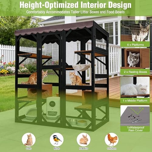 GUTINNEEN 71" Large Wooden Catio Outdoor Cat Enclosure with Scratching Posts, Walk-in Cat House with 6 Platforms & 2 Resting Boxes, Window Access, Weatherproof Roof for 2-6 Cats-Black thumbnail 5