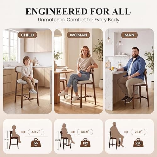 smartue Wooden Barstools Set of 3, Upholstered Counter Height Chairs, 24.8” Counter Height Stools with Ergonomic Backrest & Premium Fabric, Beige thumbnail 7