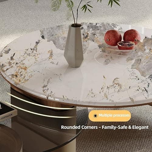 Round Coffee Table for Living Room, Modern Marble Top Expandable Coffee Table with Hidden Storage, No Assembly Required Center Table, Rolling Living Room Tables (Walnut & Marble) thumbnail 5