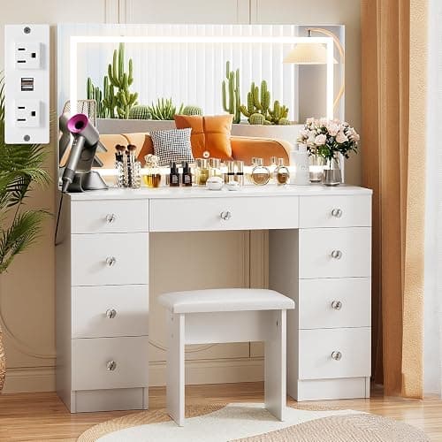 VOWNER Vanity With Lighted Mirror - Makeup Desk With Power Outlet and 9 Drawers, 3 Color Lighting Modes Adjustable Brightness, 43" Table With Soft Cushioned Stool for Bedroom, White - Image 1