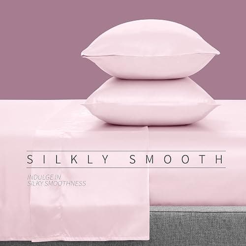 Cobedzy 4 Pcs Blush Pink Satin Sheets Full Size Silky Satin Bedding Sheets Set with 1 Deep Pocket Fitted Sheet, 1 Flat Sheet, 2 Pillowcase thumbnail 3