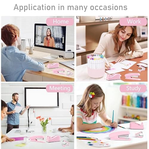 Pink Desk Accessories, Pink Office Supplies Accessories with Tape Dispenser, Stapler, Staple Remover, 1000 Staples, Tape, Clips Set, Ruler, Scissor, Pen thumbnail 6