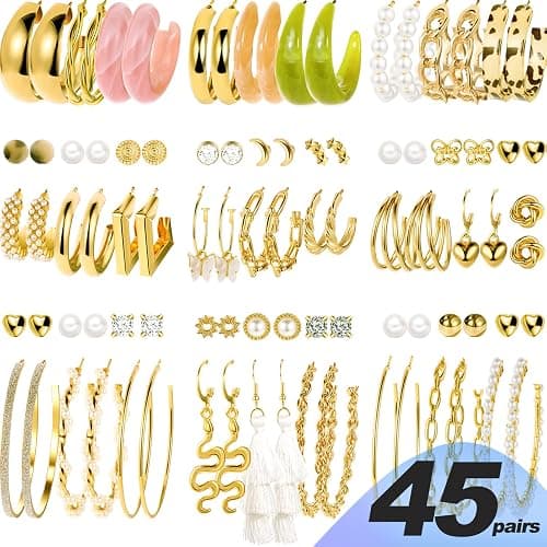 45 Pairs Gold Hoop Earrings for Women, Chunky Twisted Small Big Hoops Earring Packs Set, Earrings for women multipack, Fashion Trendy Earrings Jewelry for Birthday Party Christmas Gift thumbnail 2