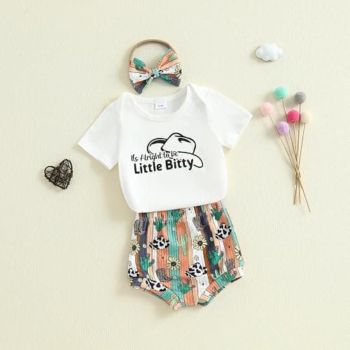 KMBANGI Western Cowgirl Baby Summer Outfits Newborn Girl Short Sleeve Letters Print T-Shirt Romper Bib Shorts Headband 0-18M thumbnail 3