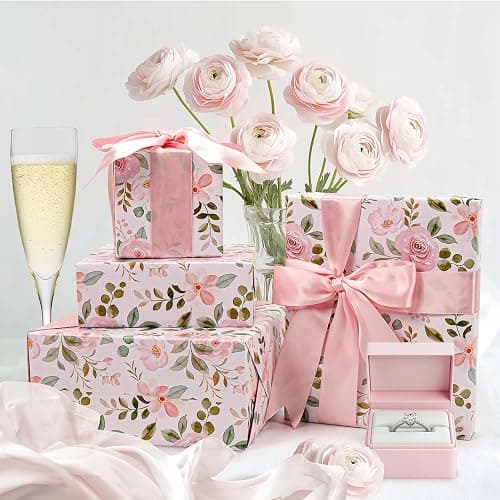 BIOBROWN Reversible Floral Wrapping Paper Roll - 17 Inches X 33 Feet (47 sq. ft. ttl.) Pink Watercolor Roses Design Flower Gift Wrap for Mother's Day, Wedding, Bridal Shower, Valentine's Day thumbnail 4
