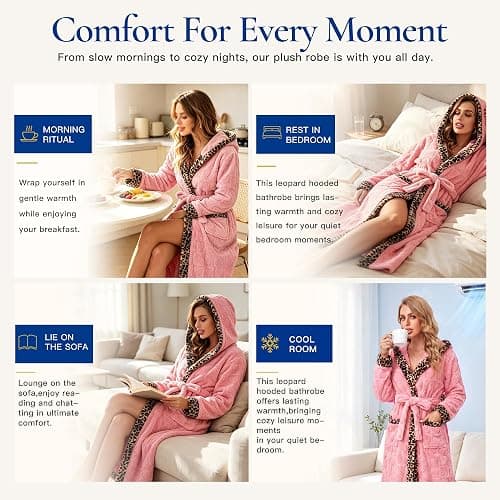 RONGTAI Women's Coral Fleece Long Robe Bathrobe, Jacquard Hearts | Thick coral fleece brings quick lasting warmth, jacquard hearts & textured patterns add a refined cozy home look thumbnail 6