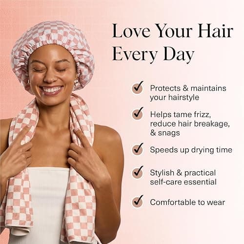 Kitsch Love & Comfort 2PC Spa Set - Satin Lined Reusable Waterproof Shower Cap and XL Quick Dry Hair Towel Wrap for Women, Microfiber Towel, Flexi Shower Cap For All Hair Types - Terracotta Checker thumbnail 2