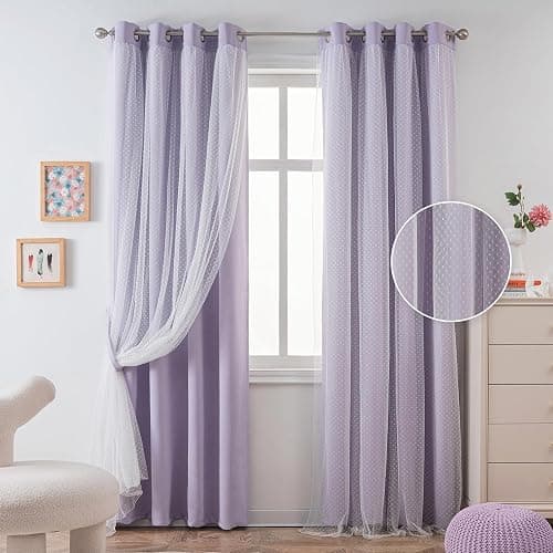 MYSKY HOME Cute Lilac Curtains for Girls Bedroom & Nursery Kids Purple Lavender Blackout Curtains Double Layer with Polka Dots Sheer, Grommet Tops, 52x84 Inch, 2 Panels - Image 1