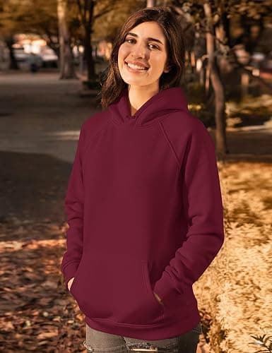 Burgundy Lauweion Women Solid Basic Fleece Letter Loose Hoodie Sweatshirt Long Sleeve Kangaroo Pocket Drop Shoulder Pullovers Top thumbnail 4