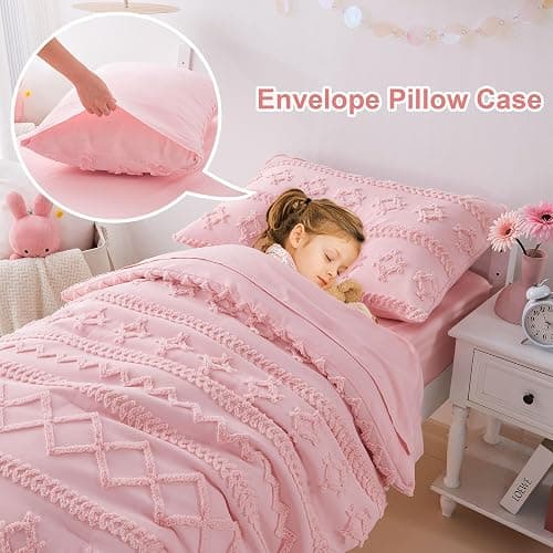 Pink Toddler Bedding Set for Girls 4-Piece Boho Tufted Toddler Comforter Set Jacquard Tufts Bed-in-a-Bag Crib Toddler Bed Sheet Set for Kids with Comforter, Flat Sheet, Fitted Sheet, Pillowcase | Toddler Bedding Set, Toddler Comforter, Toddler Sheets Set, Crib Bedding Set, Toddler Bed Set, Toddler Girl Bed Set thumbnail 4