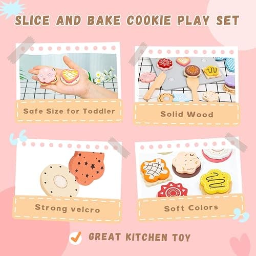 Masonbaby Wooden Play Food, Wooden Cookie Baking Playset - 28PCS Pretend Play Food with Cutting & Slicing, Toy Food Set for Kids Kitchen, Toddler Toy Baking Set Birthday Gifts for Boys Girls thumbnail 4