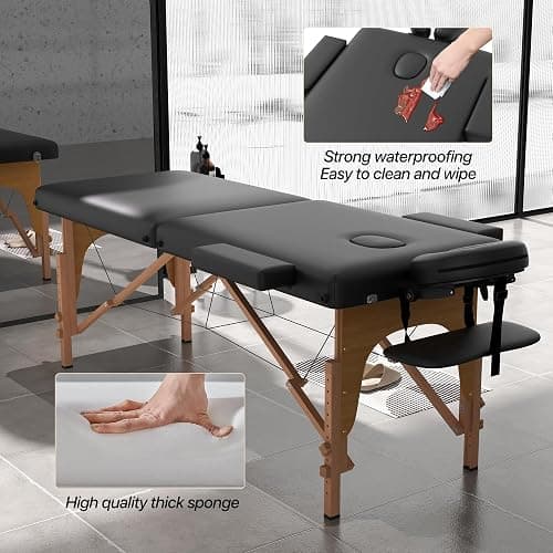 HENGJIANYI Massage Table, Portable 2 Section Foldable Tattoo Bed, Height Adjustable Lash Spa Bed with Face Cradle, Home Light Weight Facial Salon Bed with Wood Frame, Black thumbnail 7