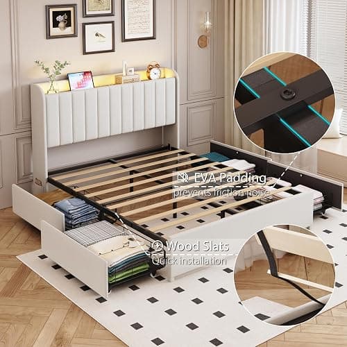 Queen Bed Frame with 4 Drawers and Storage Headboard, Upholstered Platform Bed Frame Queen Size with Led Lights and Handy Charging Station, No Box Spring Needed, Easy Assembly, Noise Free, Beige thumbnail 7