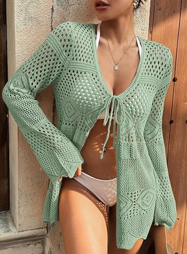 SHEWIN Crochet Cardigans for Women Long Sleeve Tie Front Bow Cardigan Sweaters Hollow Out Knit Summer Beach Vacation Coverups thumbnail 4