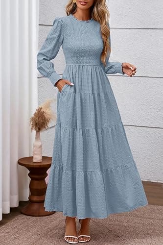 PRETTYGARDEN Women's Long Sleeve Maxi Dresses 2025 Fall Casual Smocked Trim Neck Swiss Dot Tiered Flowy Wedding Guest Dress thumbnail 3