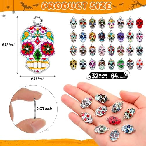 XJWWHZ 64Pcs Halloween Skull Charms, Halloween Alloy Charm Enamel Pendant Charms for Jewelry Making, Bracelet, Earring thumbnail 3